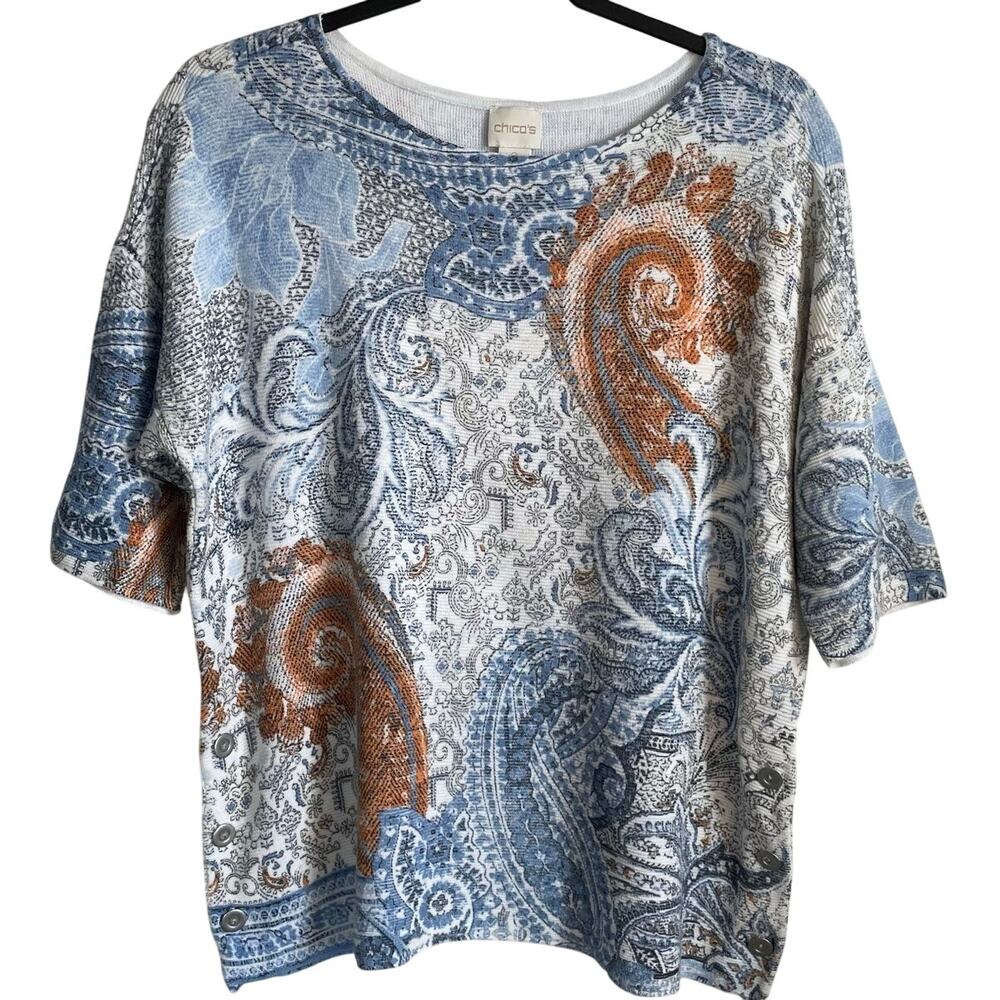 Chico’s Ribbed Knit Short Sleeve Sweater Sz L Blue Orange Paisley Coastal Preppy